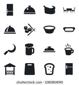 Set of vector isolated black icon - sickle vector, coffee, fridge, dish, reception, beer, bread, cafe table, alcove, chicken, hot dog, bowl, cutting board, sushi