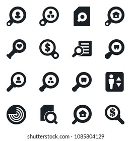 Set of vector isolated black icon - elevator vector, radar, document search, heart diagnostic, cargo, estate, client, consumer, money