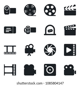 Set of vector isolated black icon - ticket vector, office, clapboard, film frame, reel, video camera, mobile