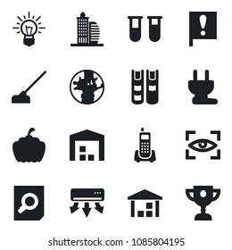 Set of vector isolated black icon - document search vector, hoe, pumpkin, blood test vial, earth, important flag, office phone, warehouse, book, building, power plug, air conditioner, eye scan, idea
