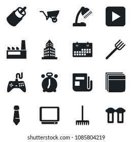 Set of vector isolated black icon - alarm clock vector, tie, farm fork, rake, wheelbarrow, news, gamepad, tv, play button, rca, calendar, office building, blank box, desk lamp, factory, water filter