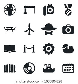 Set of vector isolated black icon - fence vector, barrier, gear, book, medal, circle chart, picnic table, earth, camera, pool, salad, dress code, windmill, calendar