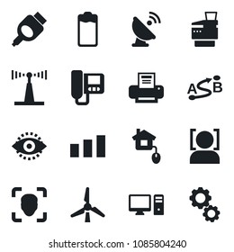 Set of vector isolated black icon - sorting vector, route, satellite antenna, battery, hdmi, face id, eye, printer, copier, windmill, home control, intercome, pc, gear