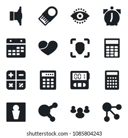 Set of vector isolated black icon - male vector, calculator, speaker, share, group, heart, alarm, stopwatch, calendar, face id, eye, combination lock, usb flash, social media