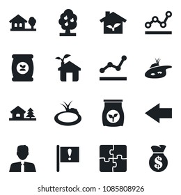 Set of vector isolated black icon - left arrow vector, pond, fertilizer, important flag, application, point graph, house with tree, fruit, estate agent, eco, money bag