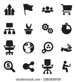Set of vector isolated black icon - seedling vector, stopwatch, consumer search, group, arrow up graph, gear, palm sproute, earth, office chair, money, cart, flag, social media, hierarchy
