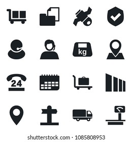 Set of vector isolated black icon - baggage trolley vector, signpost, pin, satellite, 24 hours, support, car delivery, term, folder document, cargo, sorting, shield, heavy, scales