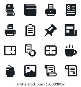 Set of vector isolated black icon - coffee vector, drawing pin, document reload, printer, contract, receipt, gallery, clipboard, news, blank box, copier, book, plan