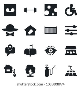 Set Of Vector Isolated Black Icon - Disabled Vector, Tree, Garden Sprayer, Barbell, Mobile Tracking, Cargo Container, Tuning, Record, Eye Id, Smart Home, Mailbox, Cafe Building, Dress Code, Cheese