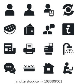 Set of vector isolated black icon - shower vector, house, seedling, patient, dialog, speaker, user, update, news, printer, copier, steak, information, wallet, man with notebook