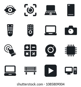 Set of vector isolated black icon - camera vector, calculator, notebook pc, bench, remote control, touch screen, laptop, play button, phone back, eye id, chip, web