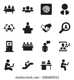 Set of vector isolated black icon - escalator vector, reception, medical room, speaking man, meeting, fingerprint id, hr, manager desk, estate agent, consumer search, group, handshake, with notebook