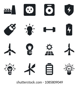 Set of vector isolated black icon - bulb vector, barbell, speaker, battery, rca, protect, charge, windmill, factory, socket, sun panel, idea