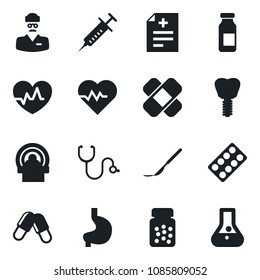 Set of vector isolated black icon - heart pulse vector, diagnosis, stethoscope, syringe, pills, bottle, blister, ampoule, scalpel, patch, tomography, stomach, implant, doctor, flask