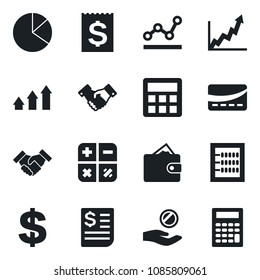 Set of vector isolated black icon - handshake vector, dollar sign, calculator, receipt, pie graph, abacus, point, credit card, arrow up, wallet, growth, investment