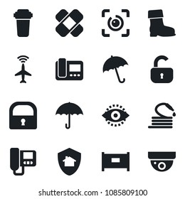 Set of vector isolated black icon - plane radar vector, fence, umbrella, boot, hose, patch, lock, eye id, intercome, water filter, home protect, surveillance
