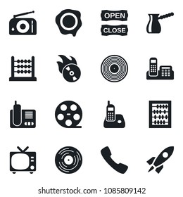 Set of vector isolated black icon - tv vector, abacus, stamp, reel, vinyl, flame disk, radio, phone, call, office, open close, turkish coffee, rocket