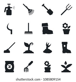 Set of vector isolated black icon - job vector, flower in pot, garden fork, farm, rake, sproute, boot, hoe, sickle, sprayer, fertilizer, irrigation