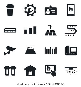 Set of vector isolated black icon - identity card vector, drip irrigation, sorting, barcode, root setup, air conditioner, smart home, intercome, control app, water filter, warm floor, surveillance