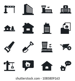 Set of vector isolated black icon - barrier vector, airport building, office, shovel, wheelbarrow, saw, hospital, house, with tree, estate document, city, crane, home message