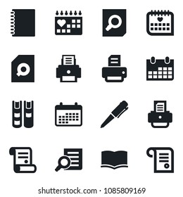 Set of vector isolated black icon - book vector, document search, pen, calendar, printer, contract, medical, copybook
