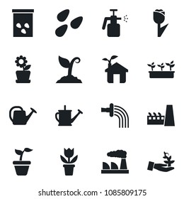 Set of vector isolated black icon - factory vector, flower in pot, seedling, watering can, sproute, seeds, garden sprayer, tulip, eco house, palm