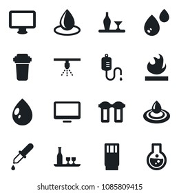 Set of vector isolated black icon - water drop vector, dropper, flammable, monitor, alcohol, drink, filter, sprinkler, flask
