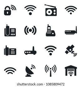 Set of vector isolated black icon - antenna vector, office phone, satellite, radio, wireless, lock, router, garage gate control