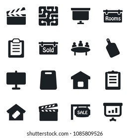 Set of vector isolated black icon - presentation board vector, meeting, clipboard, clapboard, sale, rooms, sold signboard, smart home, cutting, chip