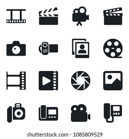 Set of vector isolated black icon - camera vector, clapboard, film frame, reel, video, mobile, gallery, photo, intercome