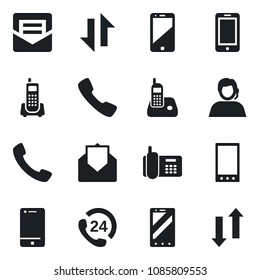 Set of vector isolated black icon - mobile phone vector, office, 24 hours, support, cell, radio, mail, call, data exchange