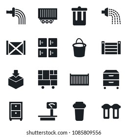 Set of vector isolated black icon - trash bin vector, checkroom, bucket, watering, truck trailer, cargo container, consolidated, package, heavy scales, archive box, water filter