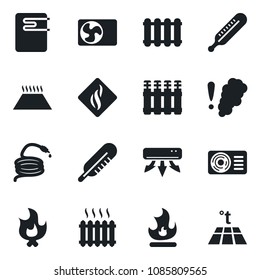 Set of vector isolated black icon - fire vector, hose, thermometer, heater, air conditioner, water, smoke detector, radiator, warm floor