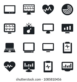 Set of vector isolated black icon - bomb in case vector, radar, notebook pc, statistic monitor, heart pulse, clipboard, tv, statistics