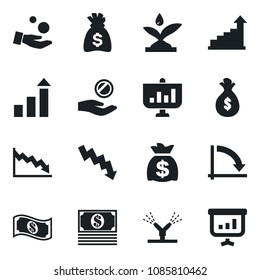 Set of vector isolated black icon - growth statistic vector, money bag, crisis graph, irrigation, investment, cash, presentation