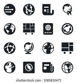 Set of vector isolated black icon - passport vector, globe, plane, earth, consolidated cargo, news, network, compass