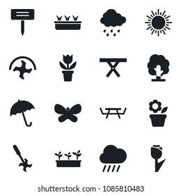 Set of vector isolated black icon - umbrella vector, sun, flower in pot, ripper, tree, butterfly, seedling, rain, plant label, picnic table, tulip