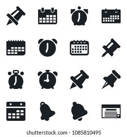Set of vector isolated black icon - alarm clock vector, drawing pin, calendar, term, paper, bell, schedule