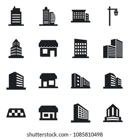 Set of vector isolated black icon - taxi vector, office building, garden light, store, city house, storefront