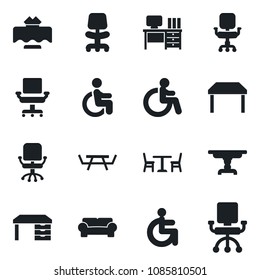 Set of vector isolated black icon - cafe vector, disabled, office chair, desk, picnic table, cushioned furniture, restaurant