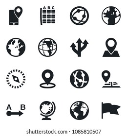 Set of vector isolated black icon - globe vector, seat map, route, navigation, earth, pin, mobile tracking, network, place tag, compass, flag