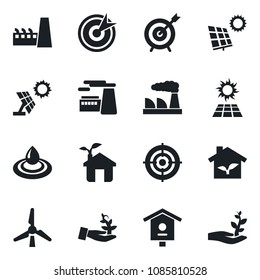 Set of vector isolated black icon - factory vector, bird house, target, sun panel, windmill, eco, water, palm sproute