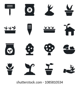 Set of vector isolated black icon - flower in pot vector, seedling, sprout, plant label, fertilizer, fruit tree, salad, eco house, palm