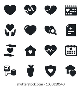 Set of vector isolated black icon - heart vector, pulse, diagnosis, blood pressure, diagnostic, shield, hand, real, medical calendar, sweet home