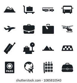 Set of vector isolated black icon - taxi vector, suitcase, baggage trolley, airport bus, passport, helicopter, seat map, luggage scales, plane globe, mountains, case