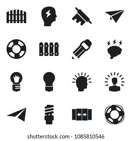 Set of vector isolated black icon - automatic door vector, brainstorm, bulb, pencil, fence, rolling pin, energy saving, shining head, paper plane, crisis management