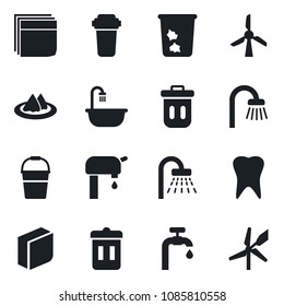 Set of vector isolated black icon - trash bin vector, shower, bucket, tooth, blank box, water supply, bathroom, serviette, filter, windmill