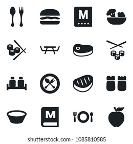 Set of vector isolated black icon - spoon and fork vector, picnic table, cafe, menu, salad, salt pepper, steak, hamburger, bowl, sushi, apple fruit