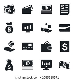 Set of vector isolated black icon - credit card vector, money bag, statistic monitor, cash, receipt, wallet, investment