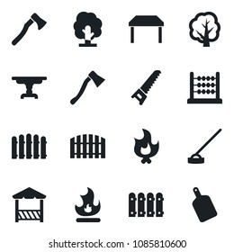 Set of vector isolated black icon - fence vector, tree, saw, fire, hoe, axe, abacus, table, alcove, cutting board